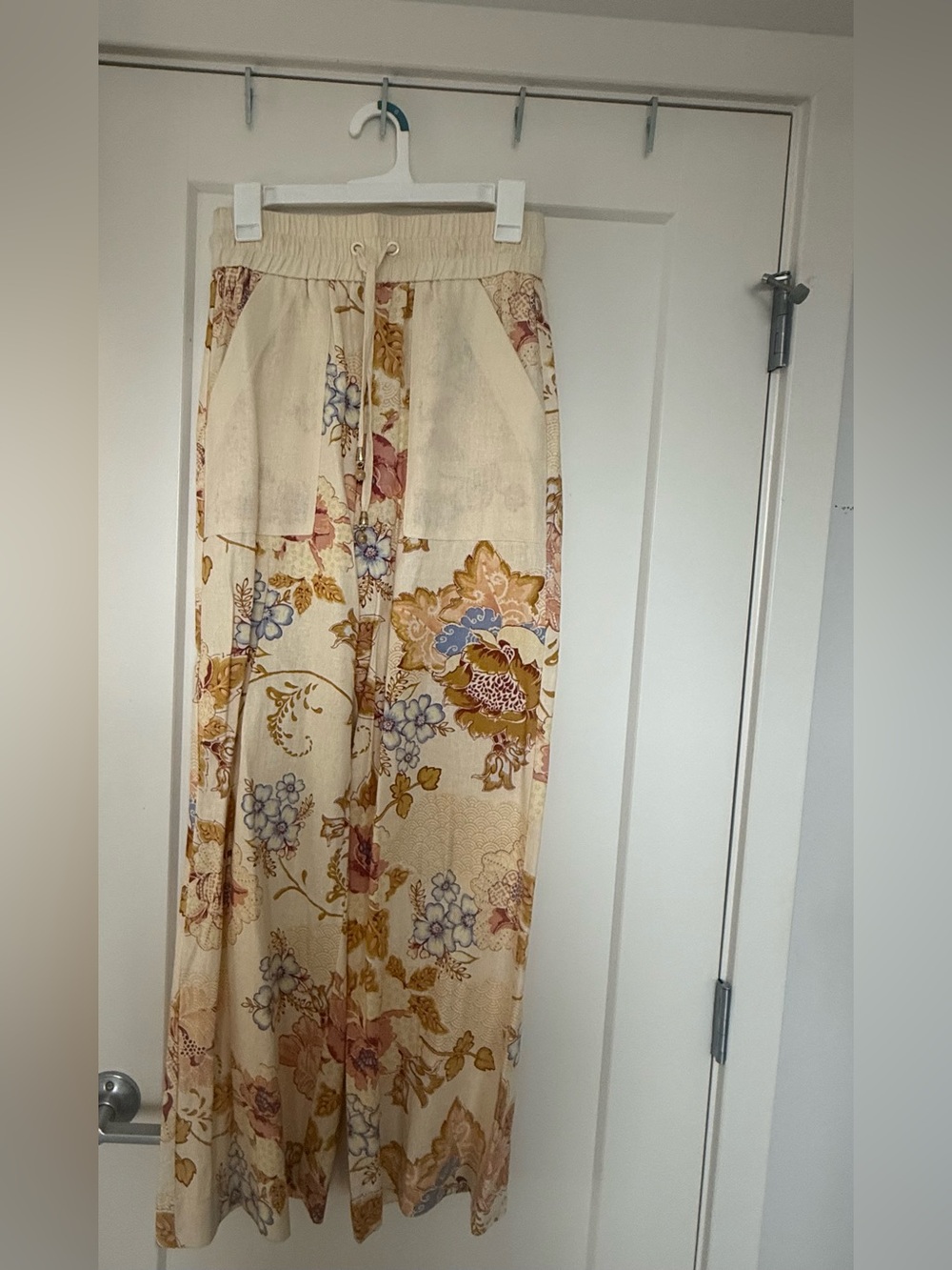 House of Harlow Linen Cream Floral Wide-Leg  Pants with Beaded Drawstring Waist